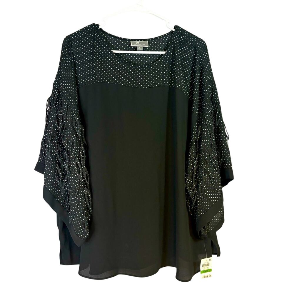 NWT JM Collection Black & White Polka Dot Top Fun Sleeves Size Large  KK0713